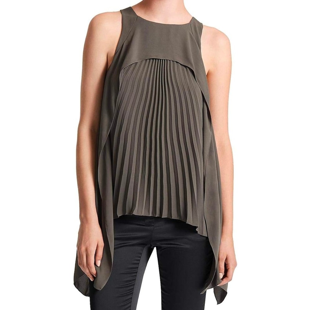 Halston Pleated Overlay Sleeveless Olive Green Top Size XS NWT